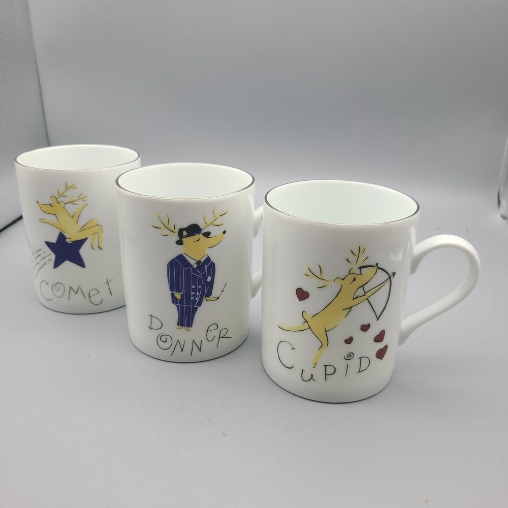 Pottery Barn Set (3) Coffee Mugs Reindeer Christmas Porcelain Silver Trim 4" New